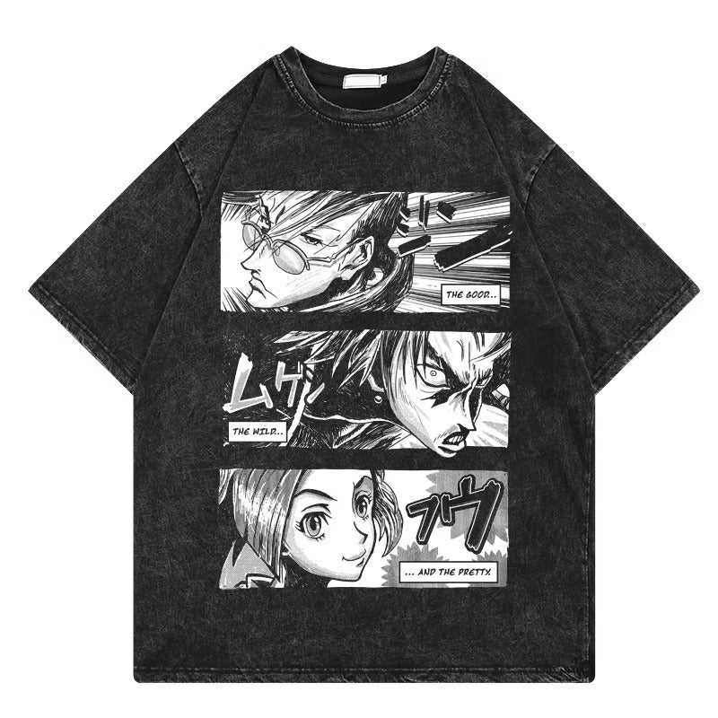 Summer Anime Pattern Cartoon Print T-Shirt Cotton Washed Vintage Short Sleeve Top Trendy