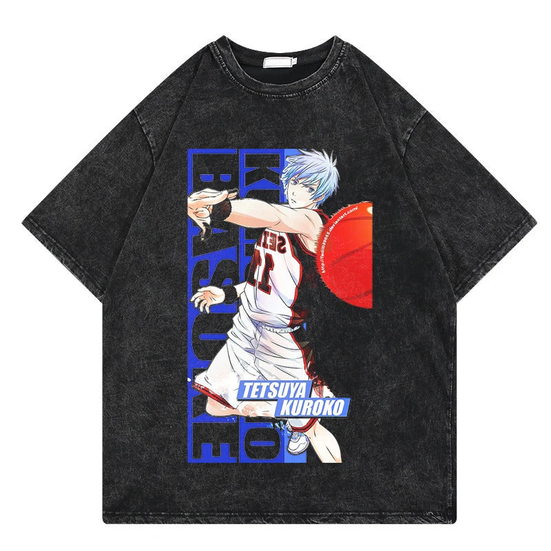 Summer Anime Slam Dunk Printed T-Shirt Vintage Washed Cotton Short Sleeve Top