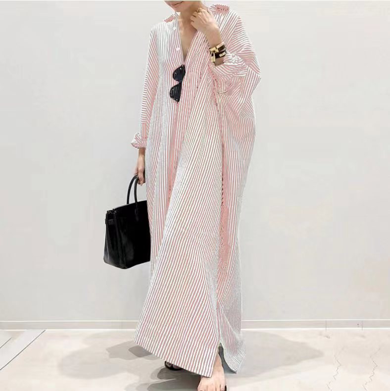 Cotton and linen striped cardigan loose irregular dress