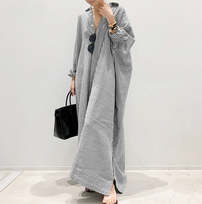 Cotton and linen striped cardigan loose irregular dress