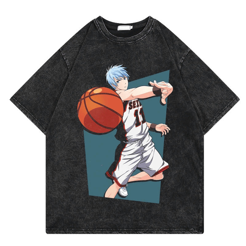 Summer Anime Slam Dunk Printed T-Shirt Vintage Washed Cotton Short Sleeve Top