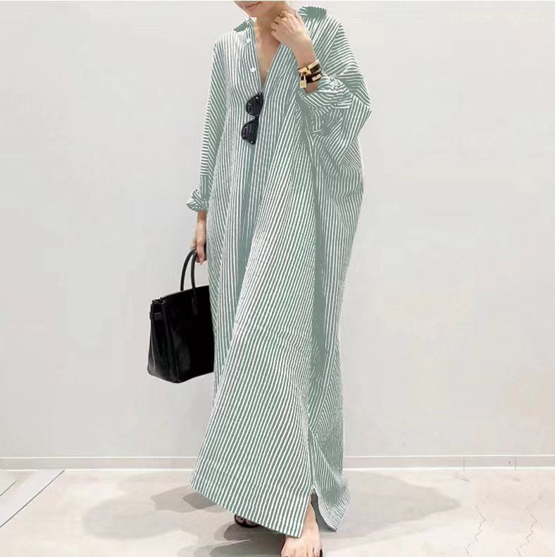 Cotton and linen striped cardigan loose irregular dress