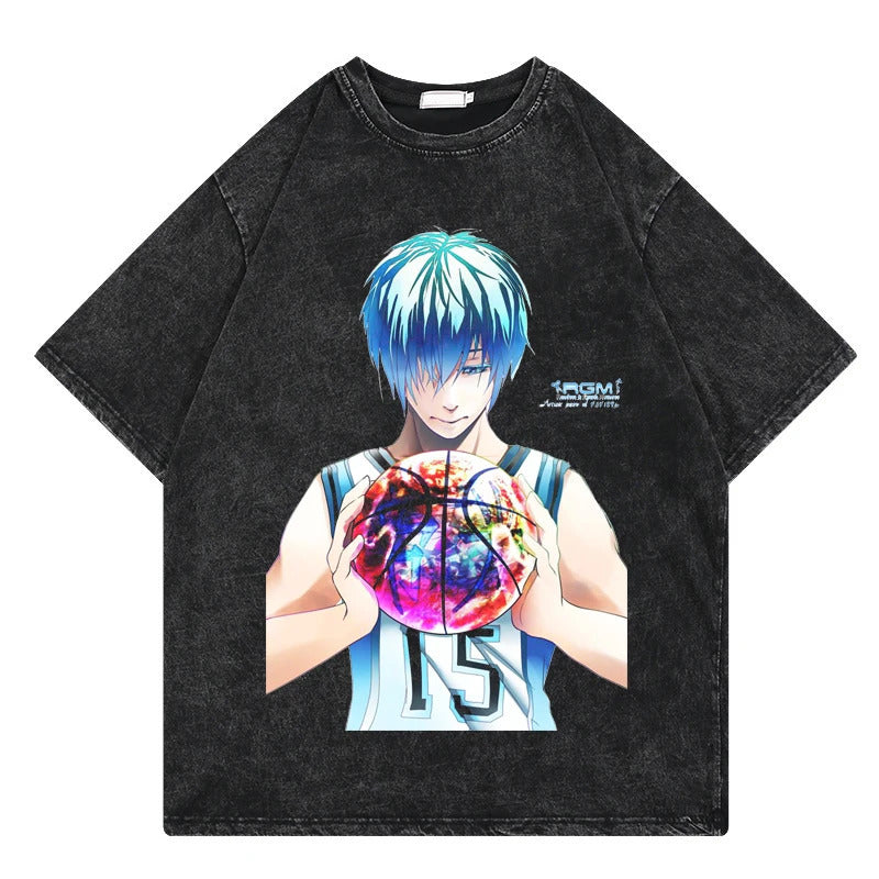 Summer Anime Slam Dunk Printed T-Shirt Vintage Washed Cotton Short Sleeve Top