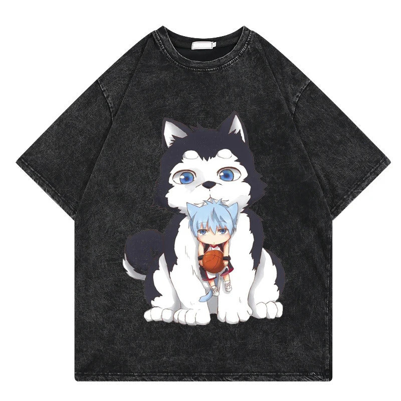 Summer Anime Slam Dunk Printed T-Shirt Vintage Washed Cotton Short Sleeve Top