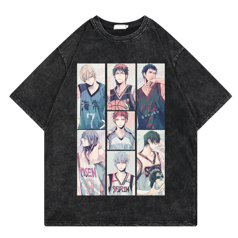 Summer Anime Slam Dunk Printed T-Shirt Vintage Washed Cotton Short Sleeve Top