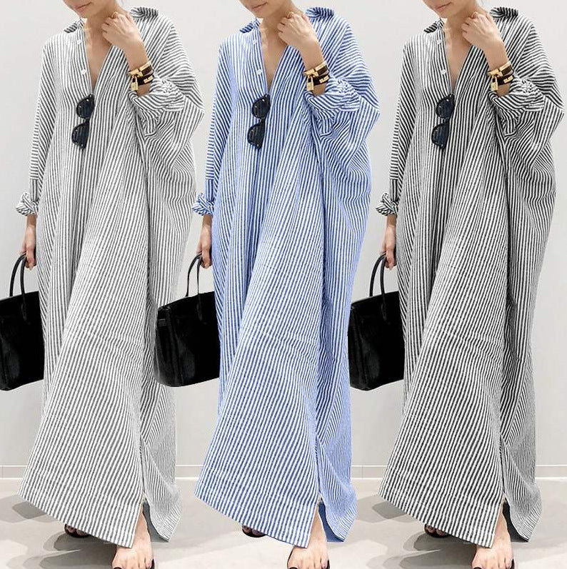 Cotton and linen striped cardigan loose irregular dress