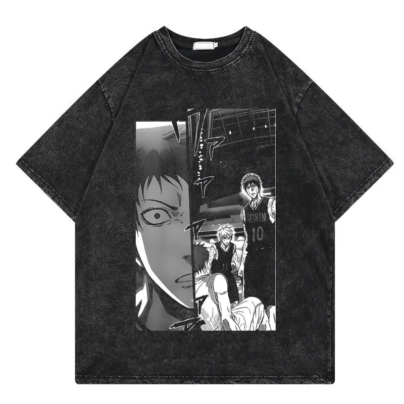 Summer Anime Slam Dunk Printed T-Shirt Vintage Washed Cotton Short Sleeve Top