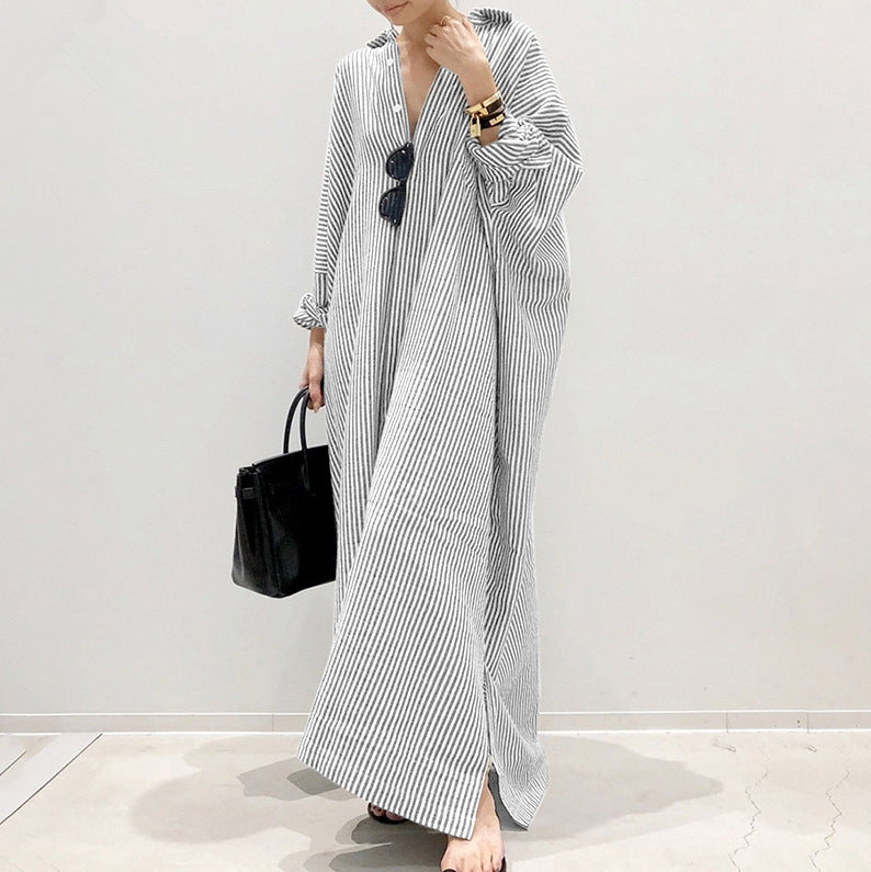 Cotton and linen striped cardigan loose irregular dress