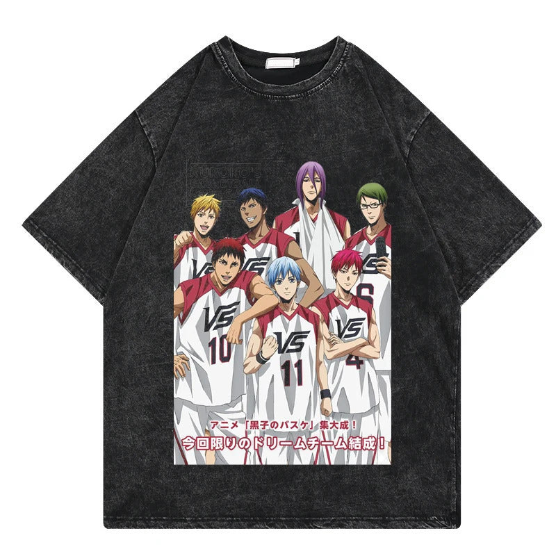 Summer Anime Slam Dunk Printed T-Shirt Vintage Washed Cotton Short Sleeve Top