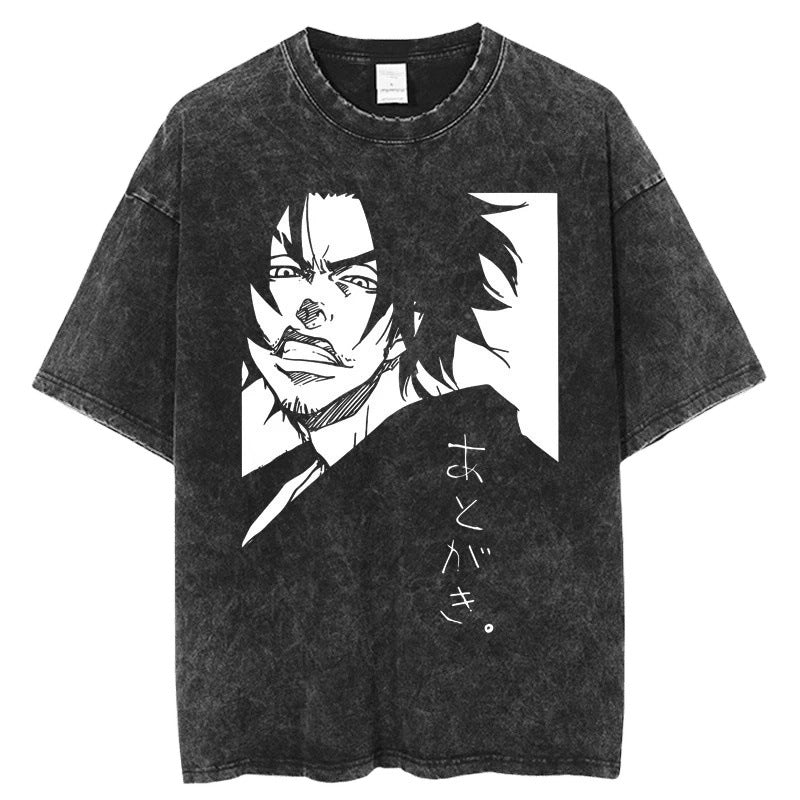 Summer Anime Pattern Cartoon Print T-Shirt Cotton Washed Vintage Short Sleeve Top Trendy