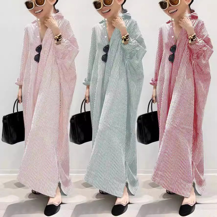 Cotton and linen striped cardigan loose irregular dress