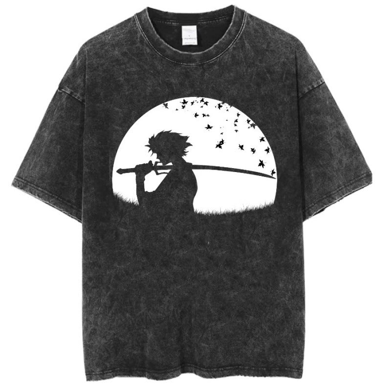 Summer Anime Pattern Cartoon Print T-Shirt Cotton Washed Vintage Short Sleeve Top Trendy