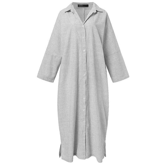 Cotton and linen striped cardigan loose irregular dress