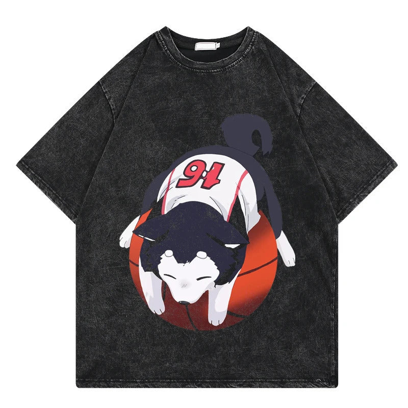 Summer Anime Slam Dunk Printed T-Shirt Vintage Washed Cotton Short Sleeve Top