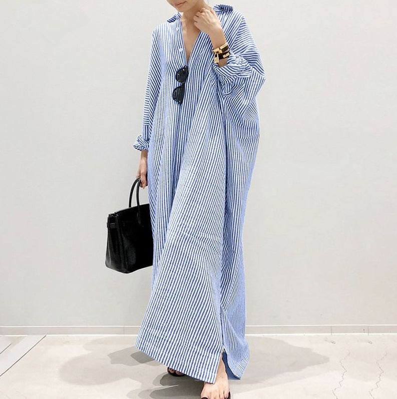 Cotton and linen striped cardigan loose irregular dress