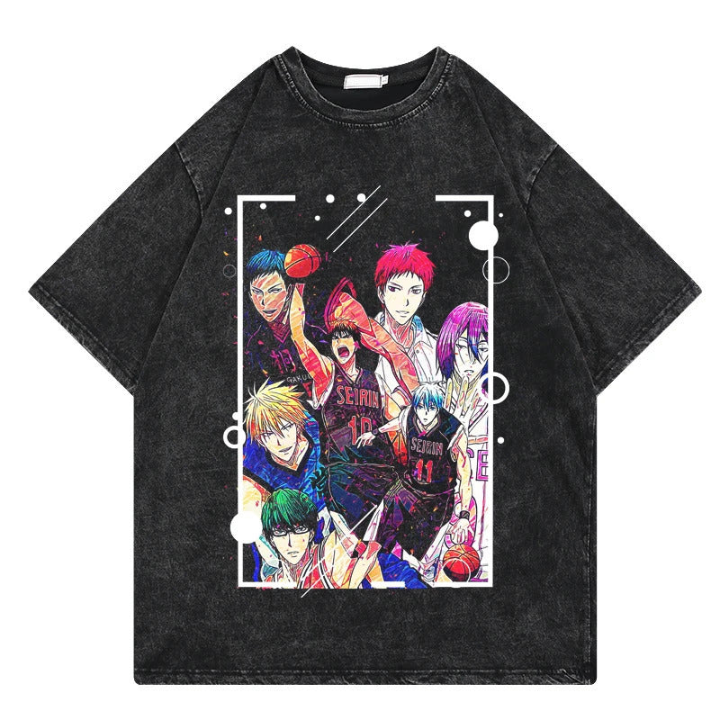 Summer Anime Slam Dunk Printed T-Shirt Vintage Washed Cotton Short Sleeve Top
