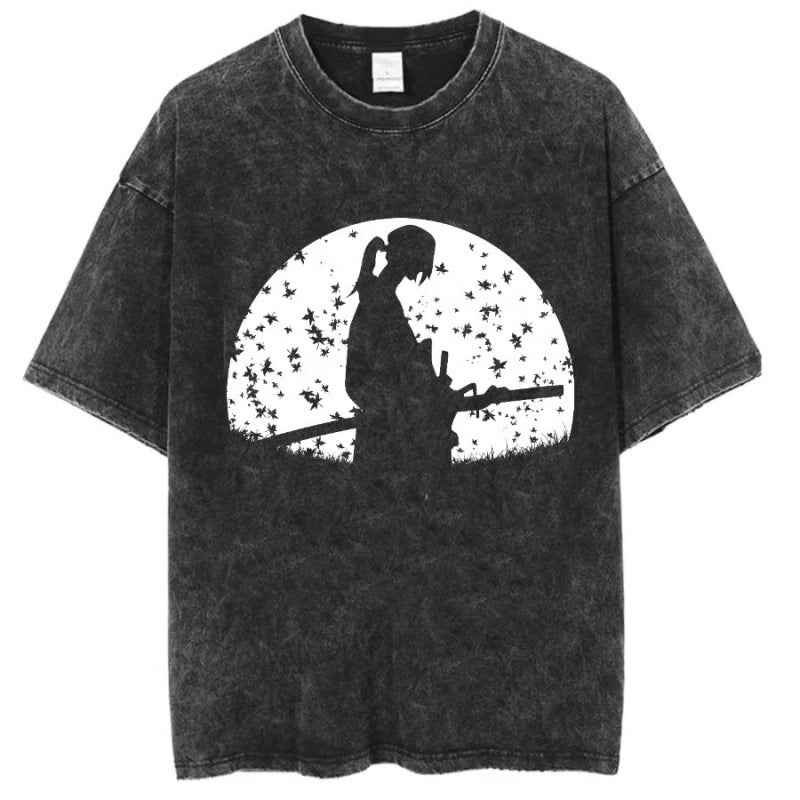 Summer Anime Pattern Cartoon Print T-Shirt Cotton Washed Vintage Short Sleeve Top Trendy