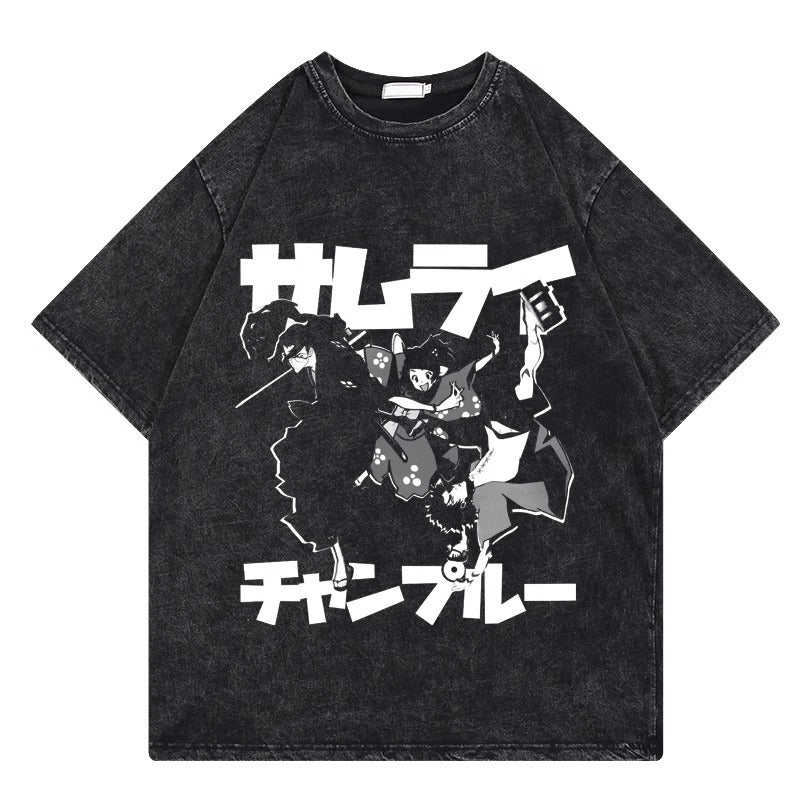 Summer Anime Pattern Cartoon Print T-Shirt Cotton Washed Vintage Short Sleeve Top Trendy